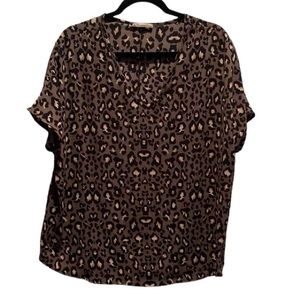 Entro Brown/Black V Neck Leopard Print Tunic Style Top Size M
